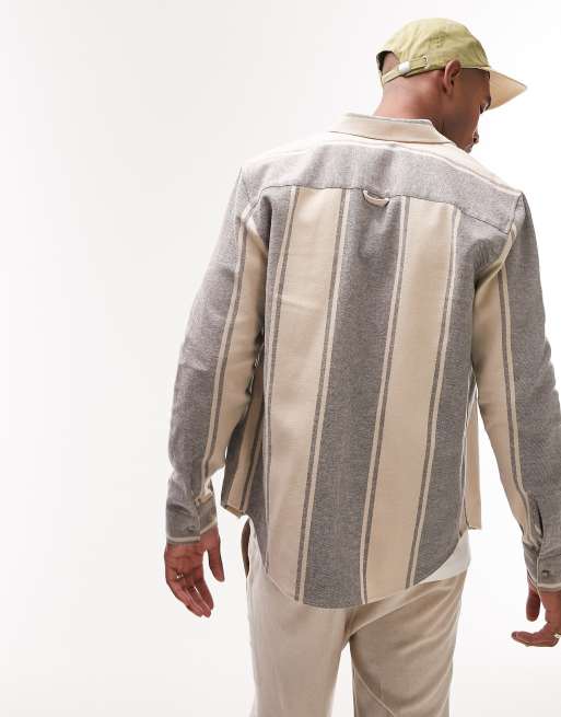 Topman – Ljusbeige och marinblå, vävd, randig skjorta i regular fit med lång ärm, 4 av 4