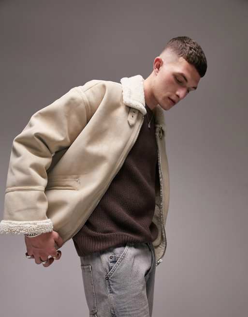 Topman – Ljusbeige pilotjacka i fårskinnsimitation