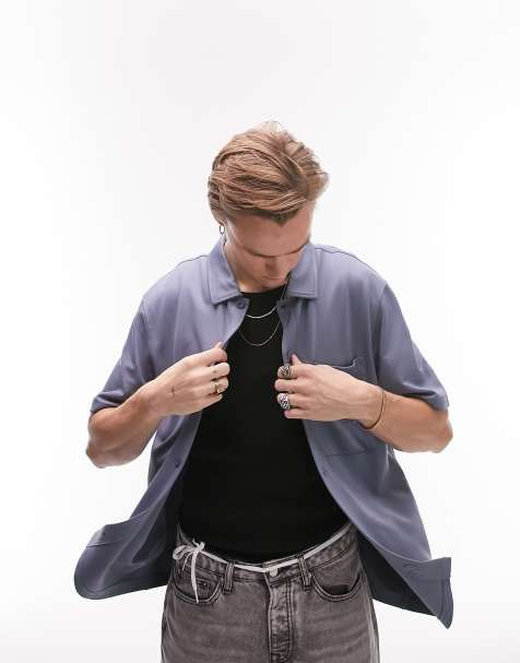 Topman – Ljust marinblå finskjorta i oversize och jersey - view 1