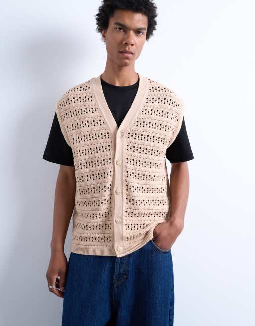 Topman – Locker geschnittene Weste aus Häkelmaterial in Stein mit Knopfleiste