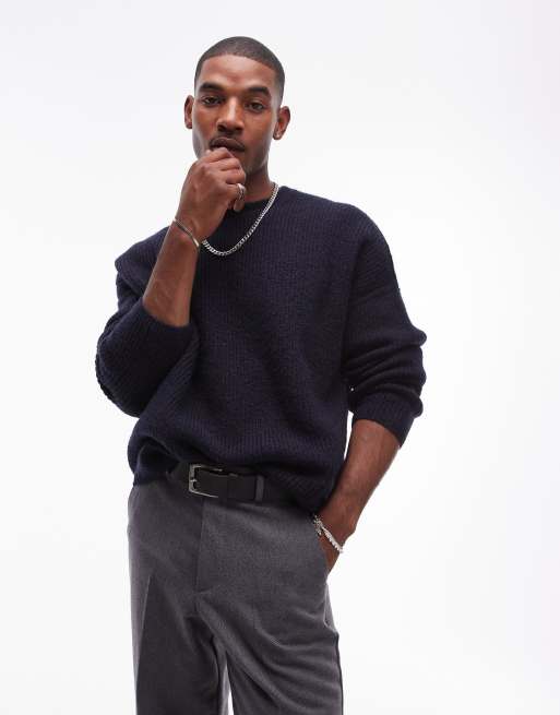 Topman – Locker geschnittener, angerauter Pullover in Marineblau