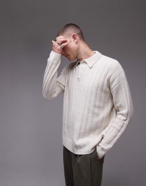 Topman – Locker geschnittener, gerippter Pullover in Ecru mit Polokragen - view 1