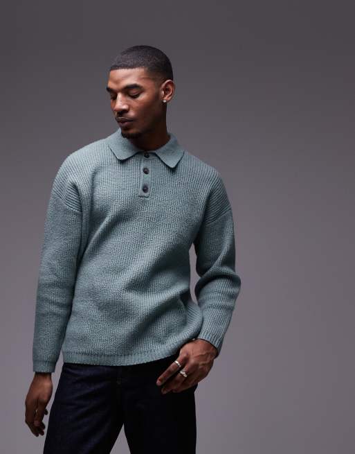 Topman – Locker geschnittener Polo-Pullover aus kompaktem Strick in Salbeigrün, 2 von 4