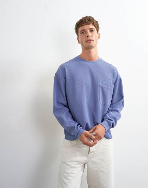 Topman locker geschnittenes Crop-T-Shirt aus Piqué-Waffelstrick mit langen Ärmeln in French Blue - view 1