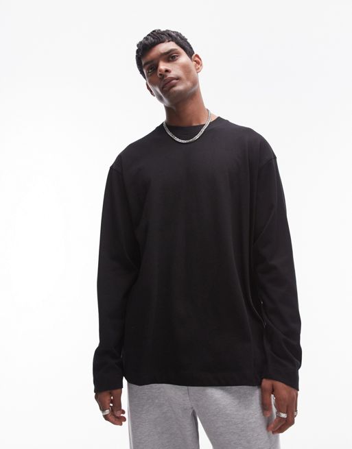 Topman – Locker geschnittenes, langärmeliges Skater-Shirt in Schwarz mit Ziernähten