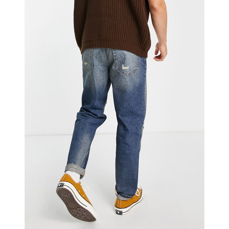 Topman – Lockere Jeans mit Rissen und Flicken in mittlerer Waschung mit Grünstich 
