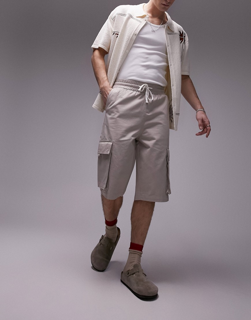 long line cargo shorts in stone-Neutral
