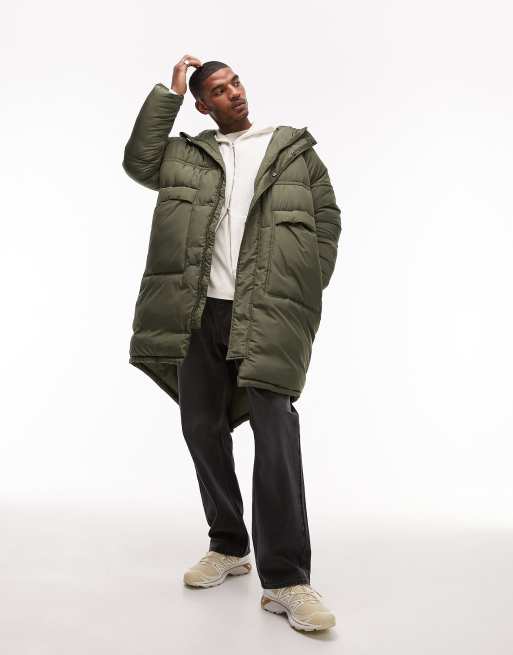 Topman long line puffer coat with fishtail in khaki ASOS