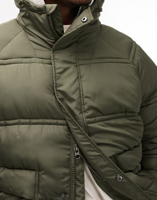 Tall 4 Pocket Longline Hooded Puffer Jacket in Khaki