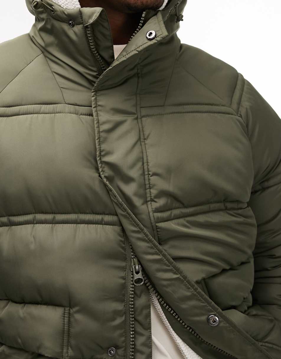 Topman long line puffer coat with fishtail in khaki atlaspt