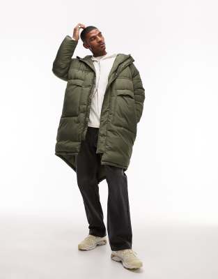 Topman Long Line Puffer Jacket With Fishtail In Olive-green