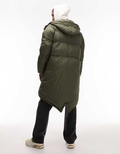 Topman long line puffer jacket with fishtail in olive