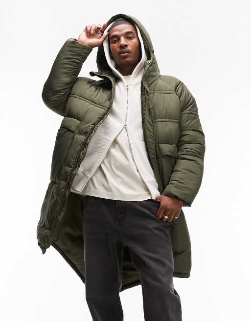 Topman long line puffer jacket with fishtail in olive