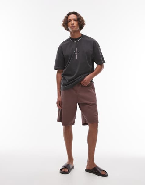 Topman long short with textured panel in washed brown - view 1