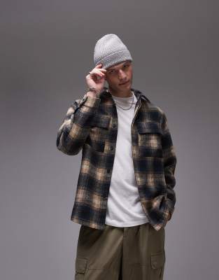 Topman Long Sleeve Brushed Plaid Overshirt In Brown