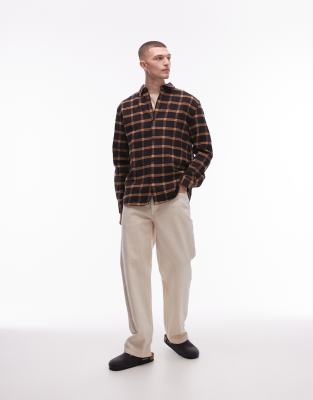 long sleeve brushed plaid shirt in brown