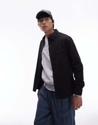 long sleeve button up twill overshirt in black