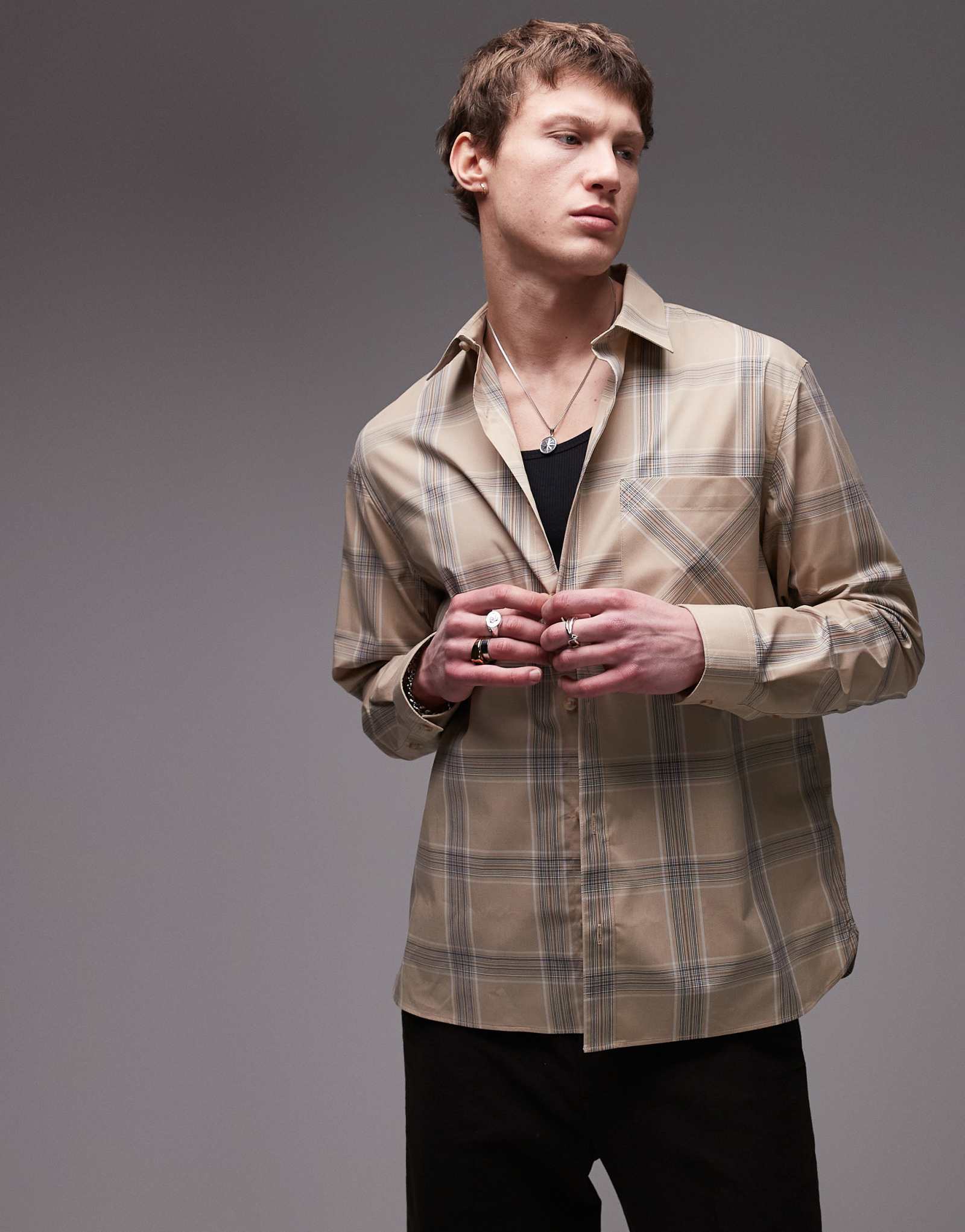 Коричневая рубашка оверсайз в клетку Topman с длинным рукавом