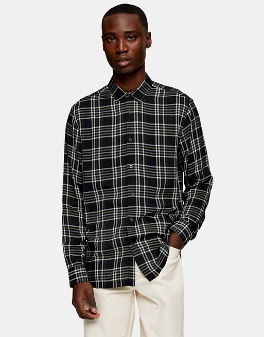Topman long sleeve check shirt in black and grey