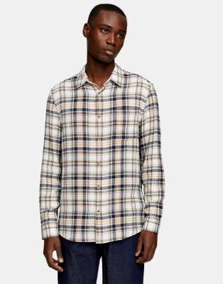 Topman long sleeve check shirt in khaki and yellow - ASOS Price Checker