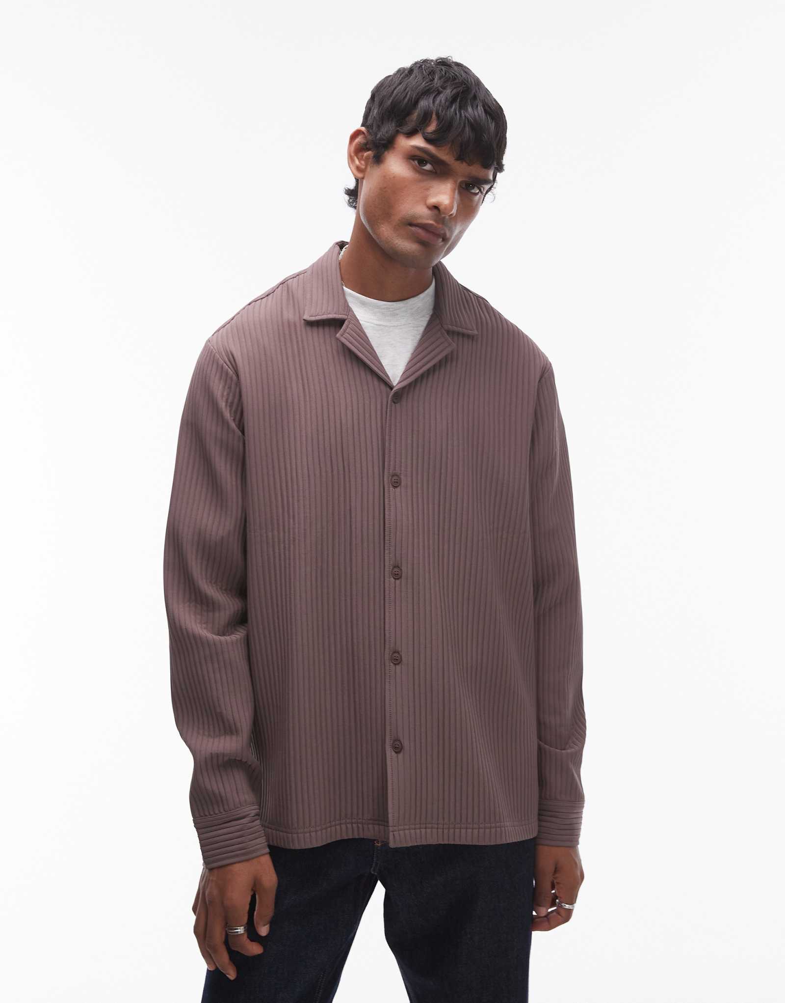 Рубашка Topman с длинным рукавом из плотного плиссе шоколадного цвета