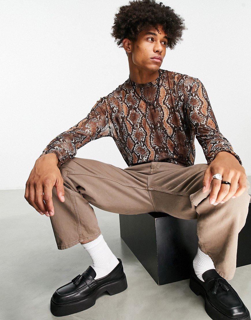 Topman long sleeve classic mesh t-shirt with snake print in brown