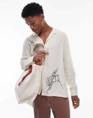 Topman long sleeve embroidered western cowboy shirt in ecru