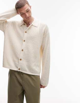 long sleeve crochet polo shirt in stone-Neutral