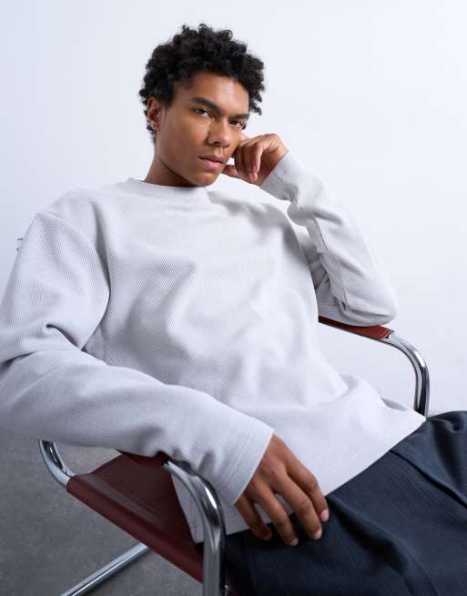 Topman long sleeve crop fit waffle t-shirt in grey