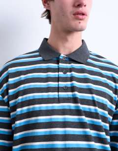 Model wearing Long sleeve cropped rugby polo in blue