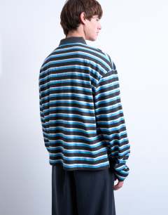 Model wearing Long sleeve cropped rugby polo in blue