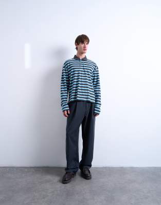 Topman Long Sleeve Cropped Rugby Polo Shirt In Blue