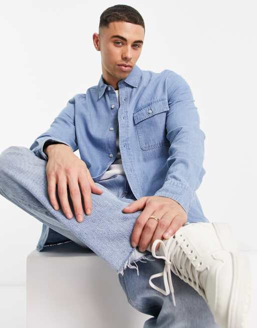Topman long sleeve denim shirt in blue - MBLUE
