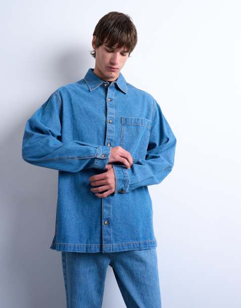 Topman long sleeve denim washed over shirt in blue - view 1