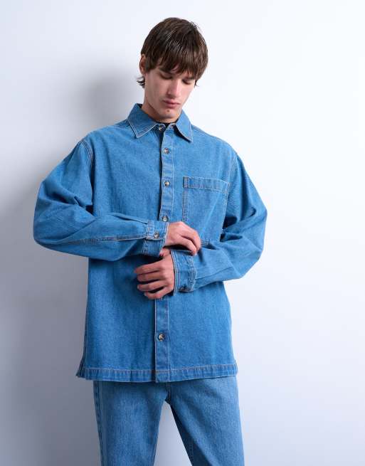 Topman long sleeve denim washed over shirt in blue