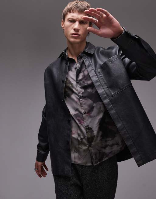 Topman long sleeve distressed PU shacket in gray