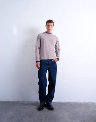 Topman Long Sleeve Double Layered Tee In Gray
