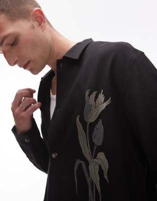 Topman Long Sleeve Embroidered Front Shirt In Black