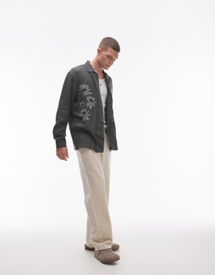 Topman Long Sleeve Embroidered Front Shirt In Teal-green