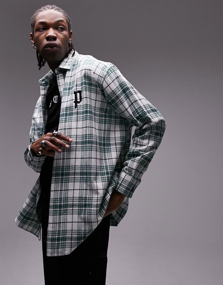 Topman long sleeve extreme oversized check shirt with embroidery in green