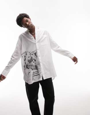 Topman long sleeve extreme oversized embroidered hem shirt in white