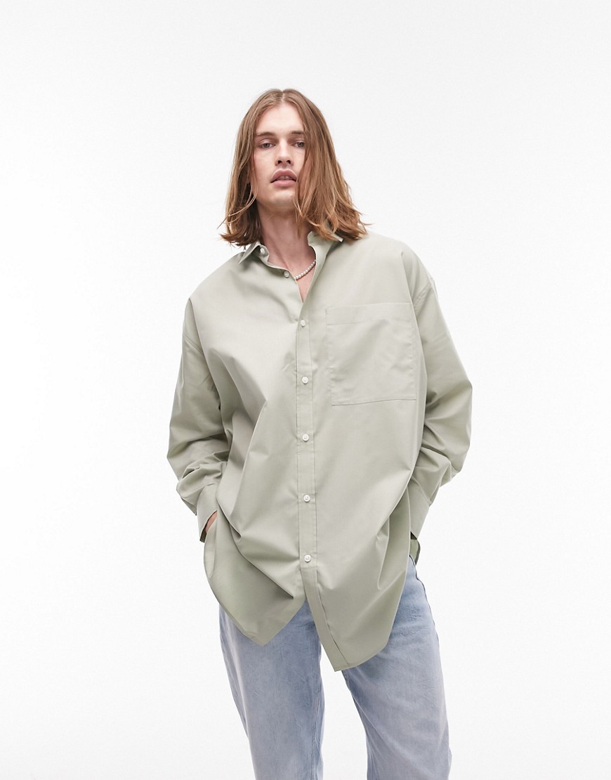 Topman Long Sleeve Extreme Oversized Shirt In Sage-green