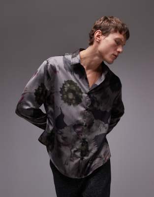 Topman long sleeve floral printed shirt in black