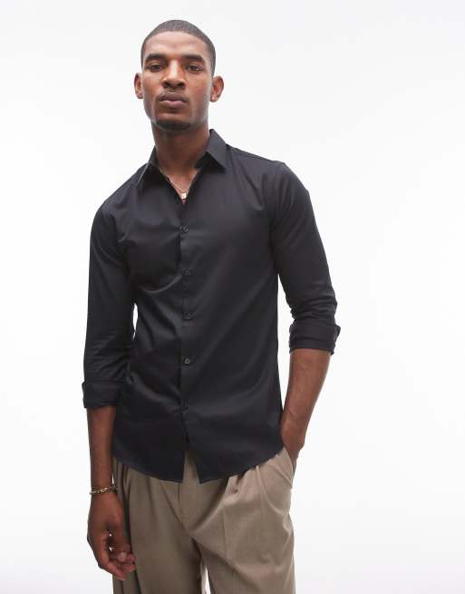 Topman long sleeve formal slim fit sateen shirt in black