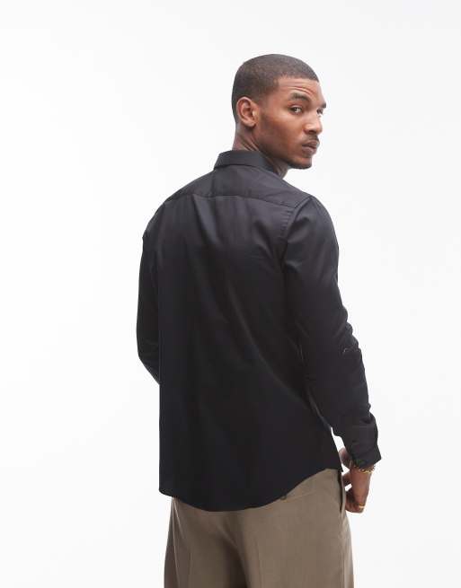 Topman long sleeve formal slim fit sateen shirt in black ASOS