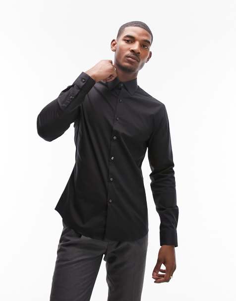 Mens Muscle Dress Shirts Slim Fit Stretch Collarless Long Sleeve