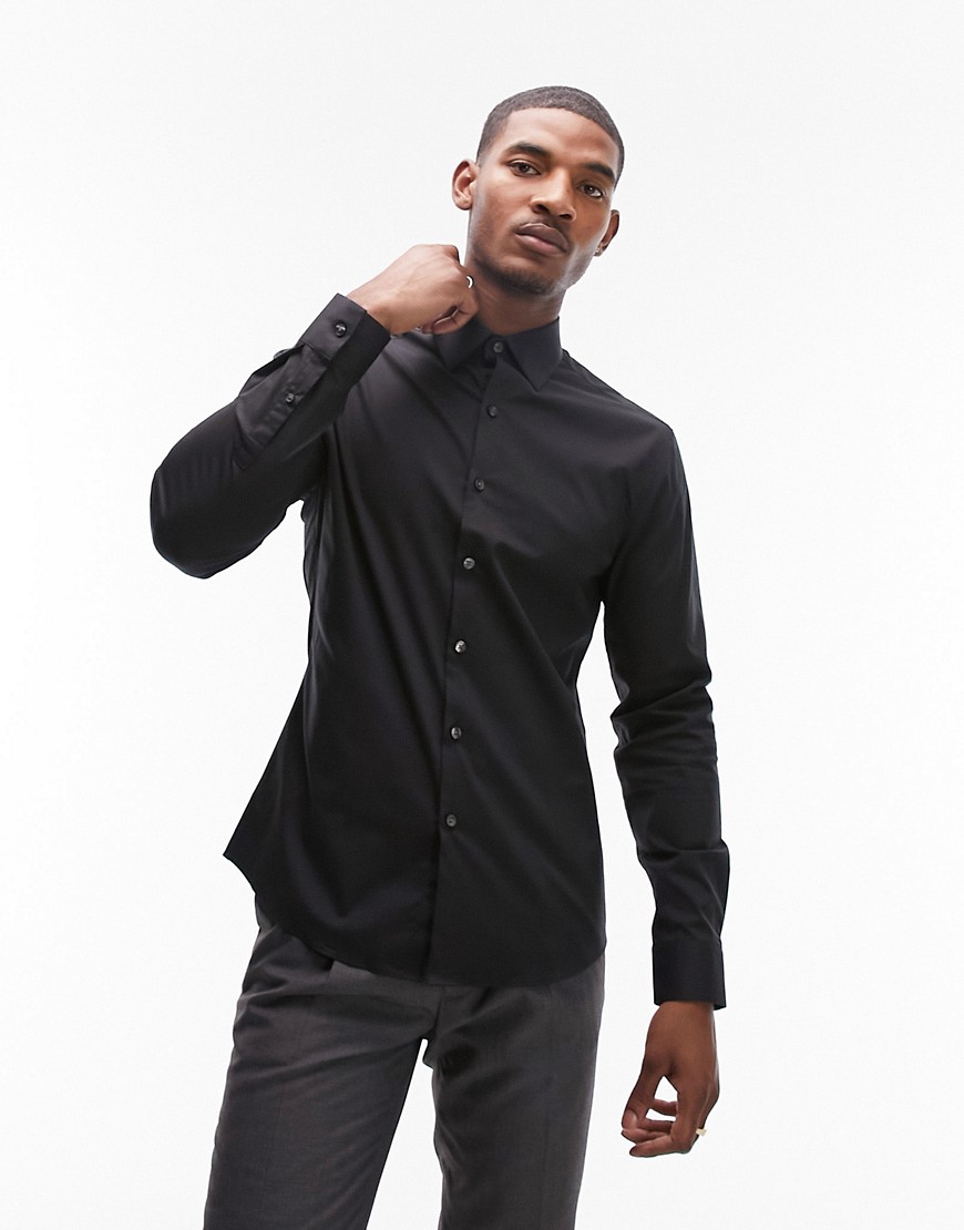 Topman long sleeve formal slim fit stretch shirt in black
