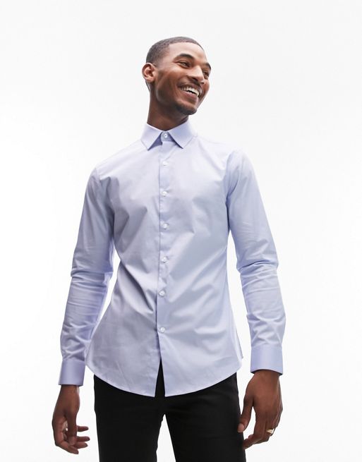 Topman long sleeve formal slim fit stretch Navy shirt in light blue