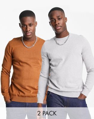 Topman long sleeve knitted crew neck multipack jumper in camel and grey