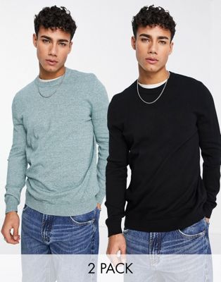 Topman long sleeve knitted crew neck multipack jumper in green and black